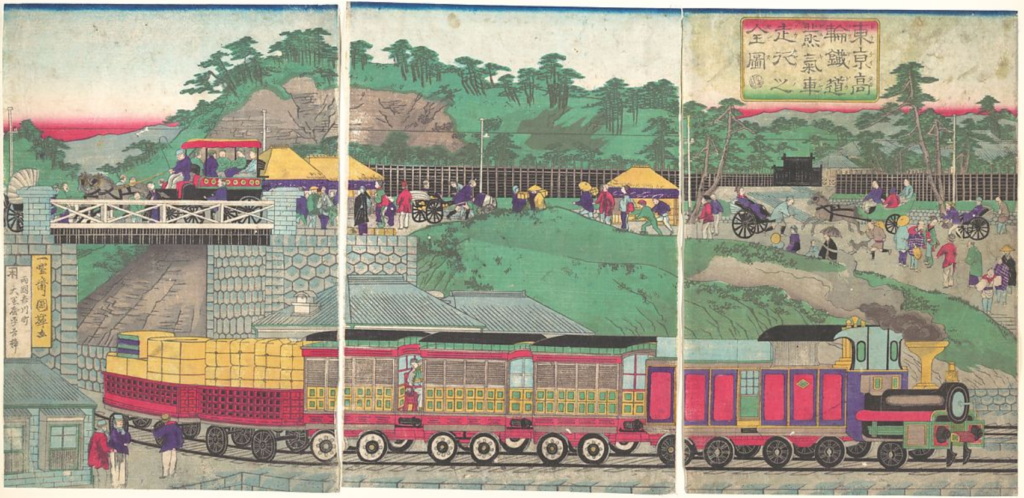 "Steam Locomotive Running on the Takanawa Railroad in Tokyo" by Utagawa Kuniteru